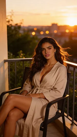 Same character on private balcony at sunset, golden-hour boudoir scene