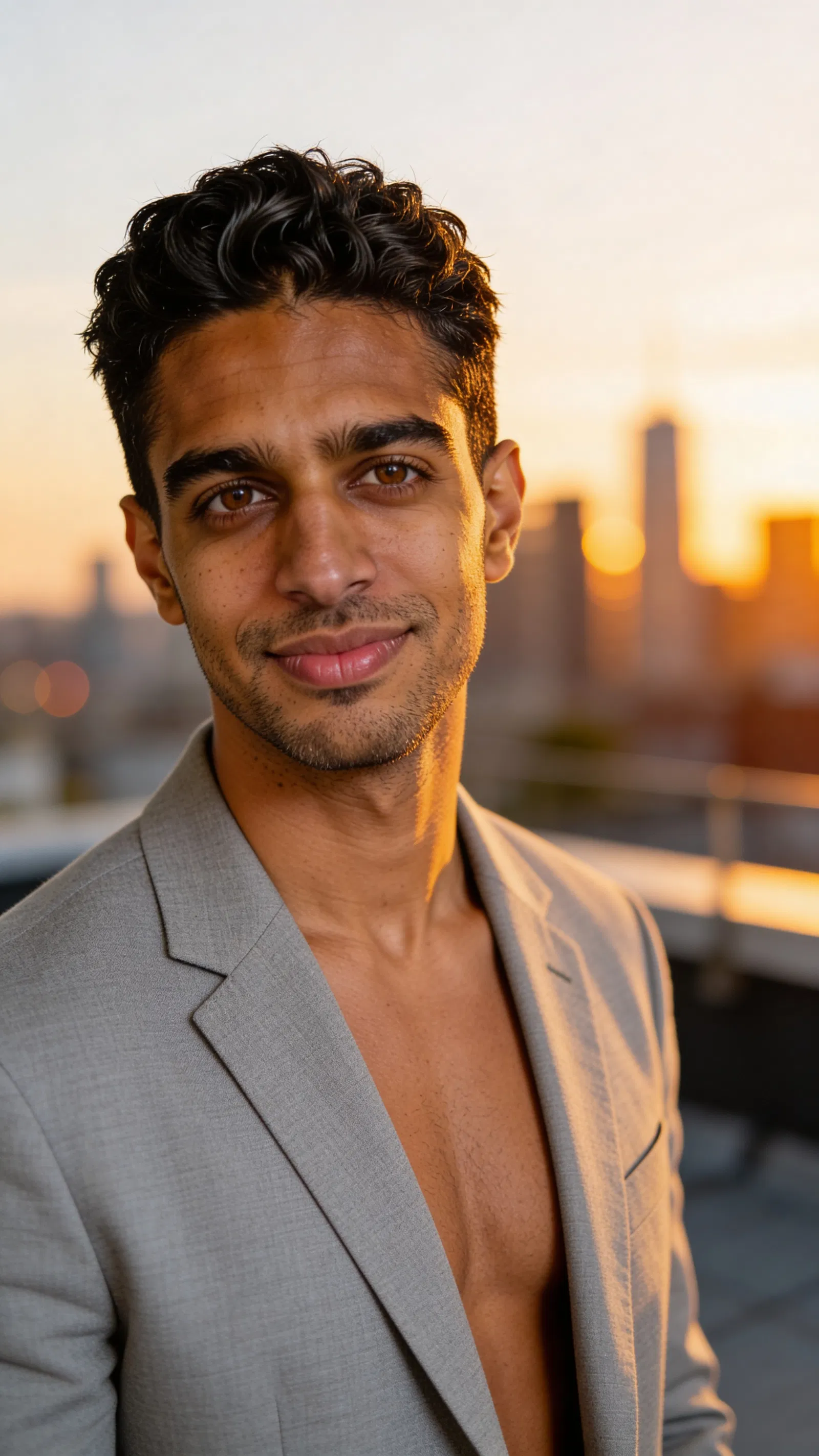 Same character on rooftop at golden hour, confident professional headshot