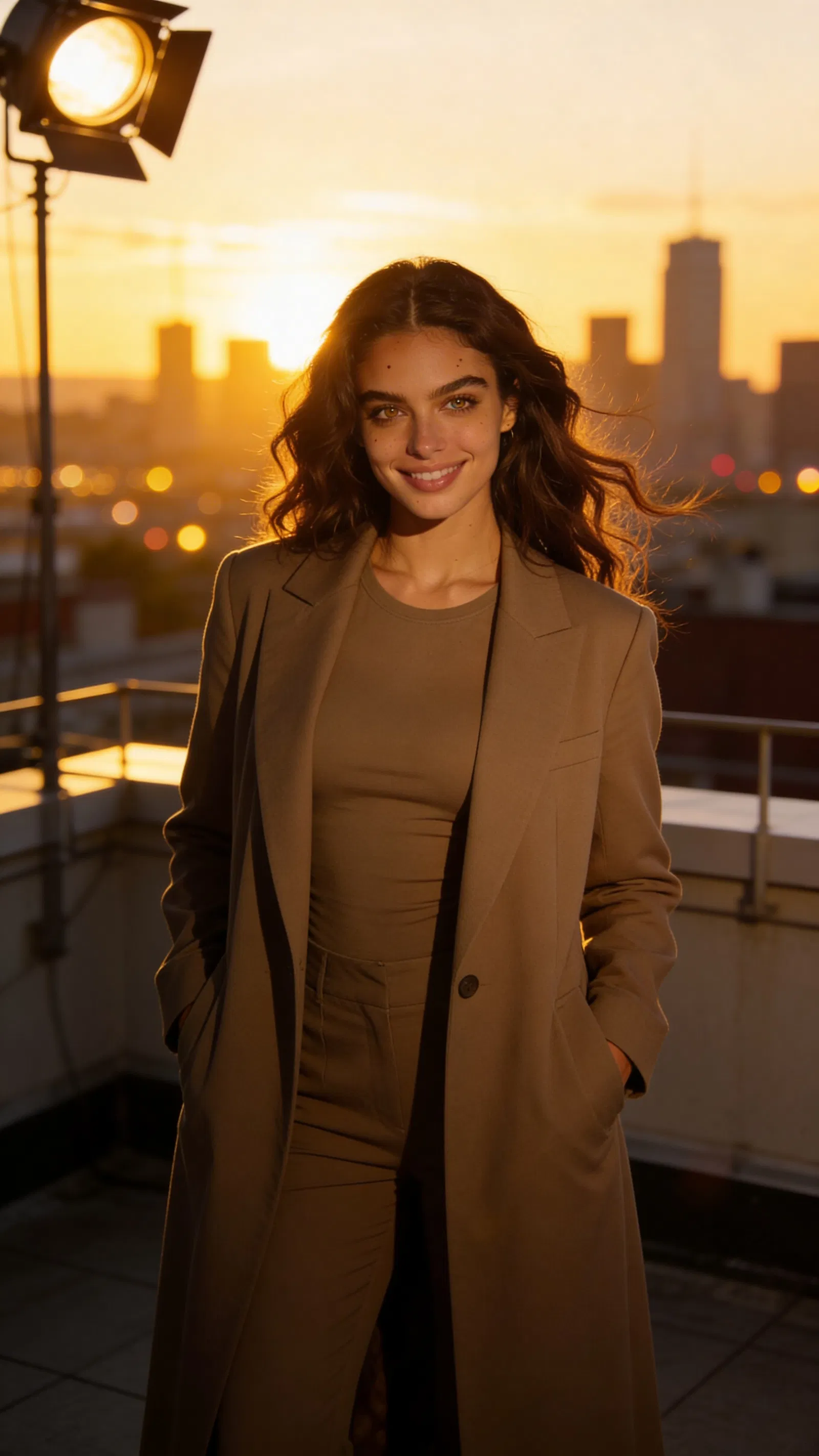 Same character on rooftop at golden hour for editorial series