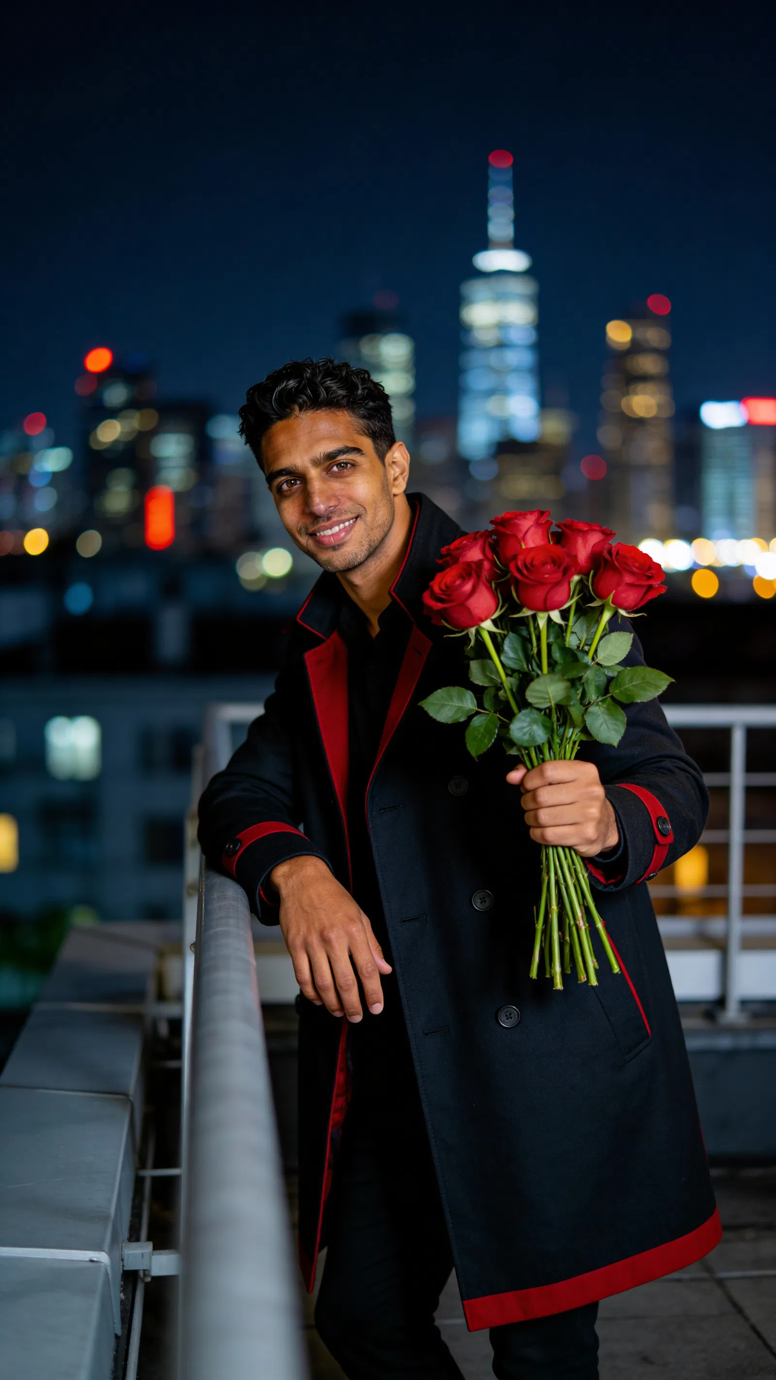 Same character on rooftop at night holding roses with city bokeh.