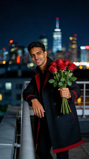 Same character on rooftop at night holding roses with city bokeh.