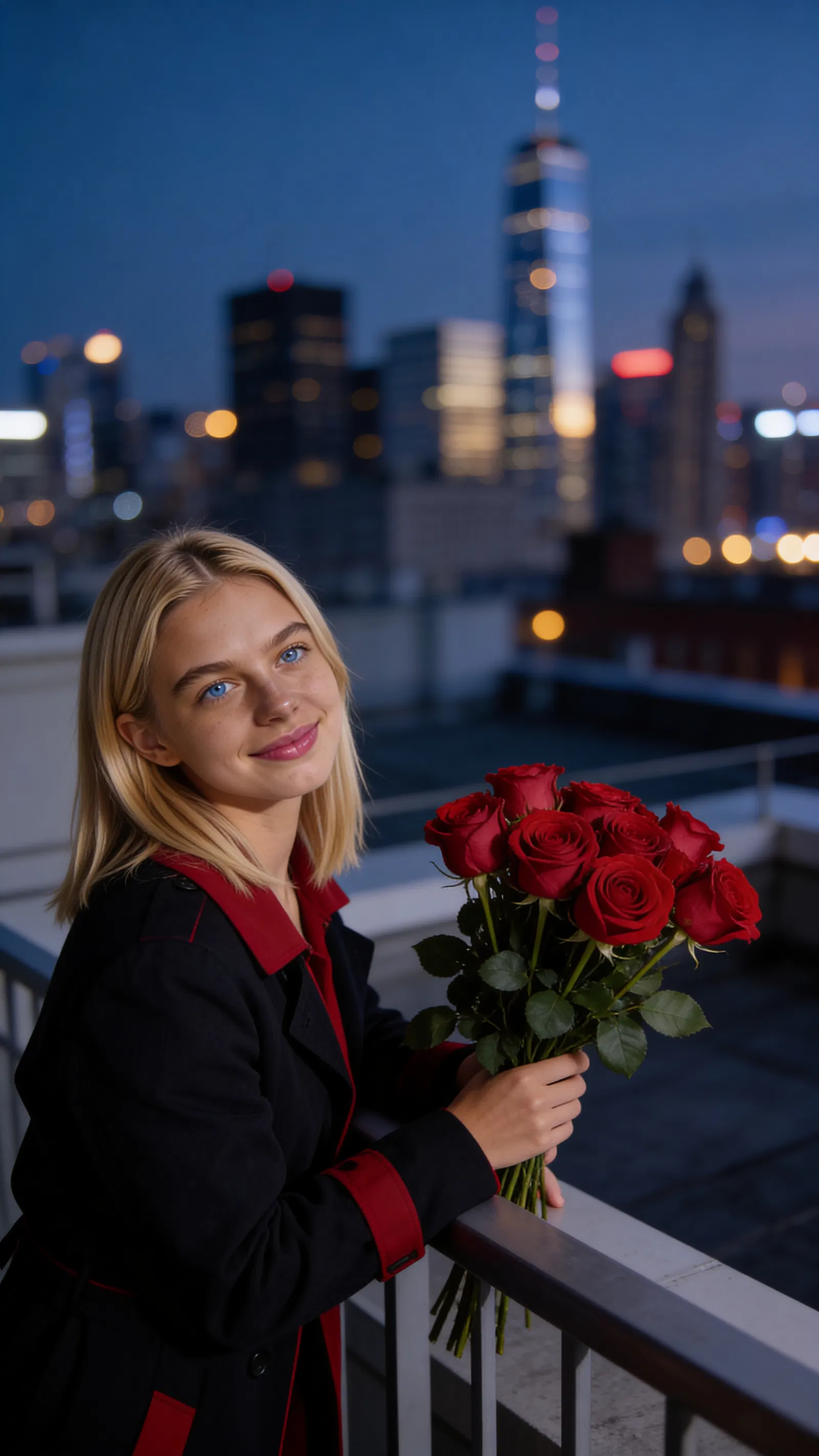 Same character on rooftop at night holding roses with city bokeh.