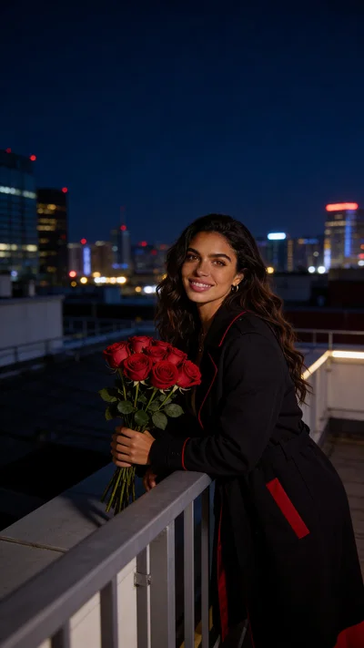 Same character on rooftop at night holding roses with city bokeh.