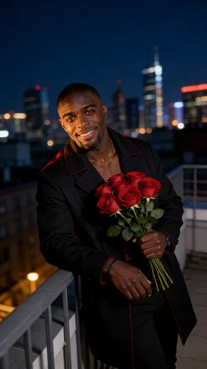 Same character on rooftop at night holding roses with city bokeh.