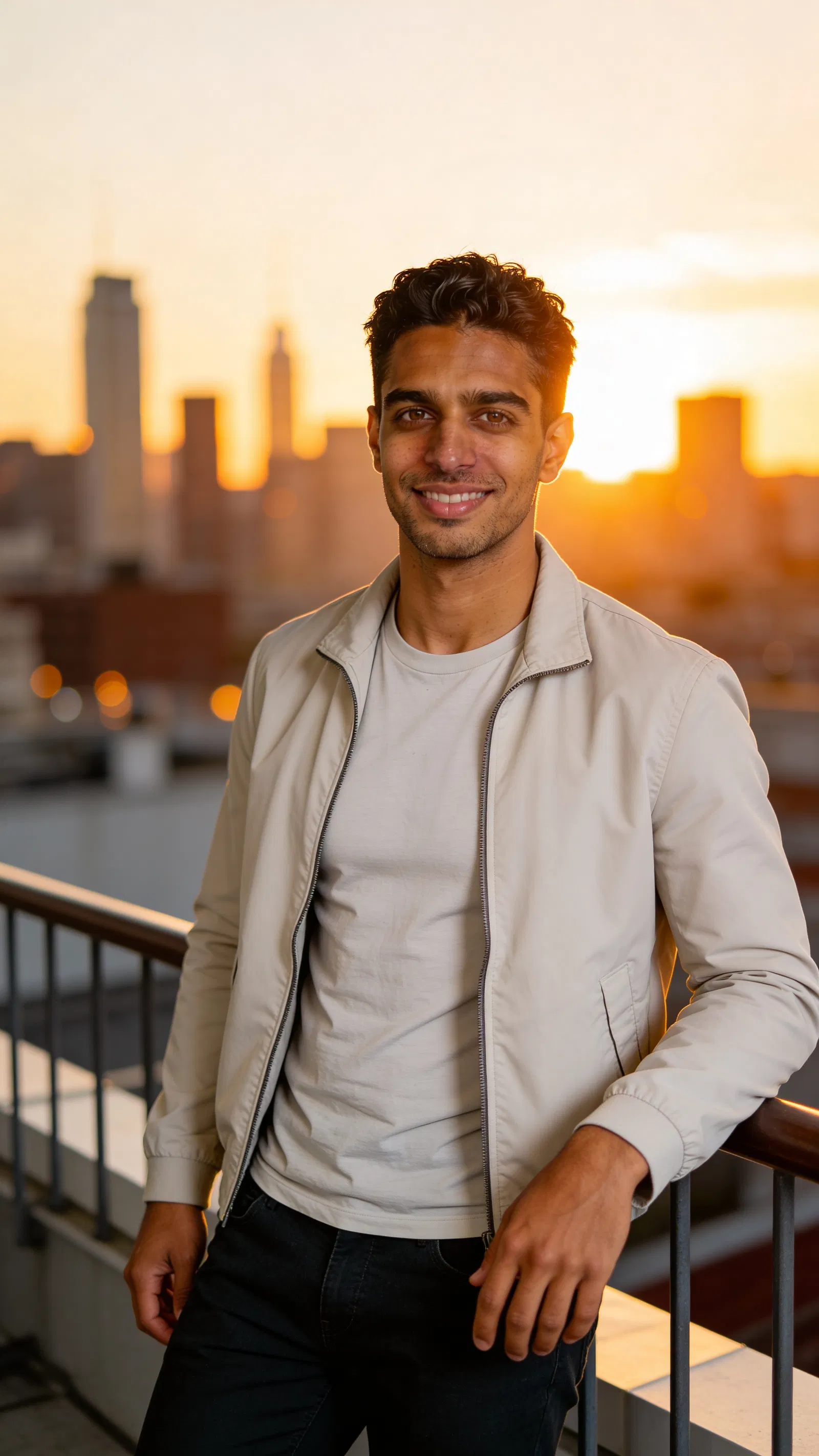 Same character on rooftop at sunset, confident city dating profile portrait