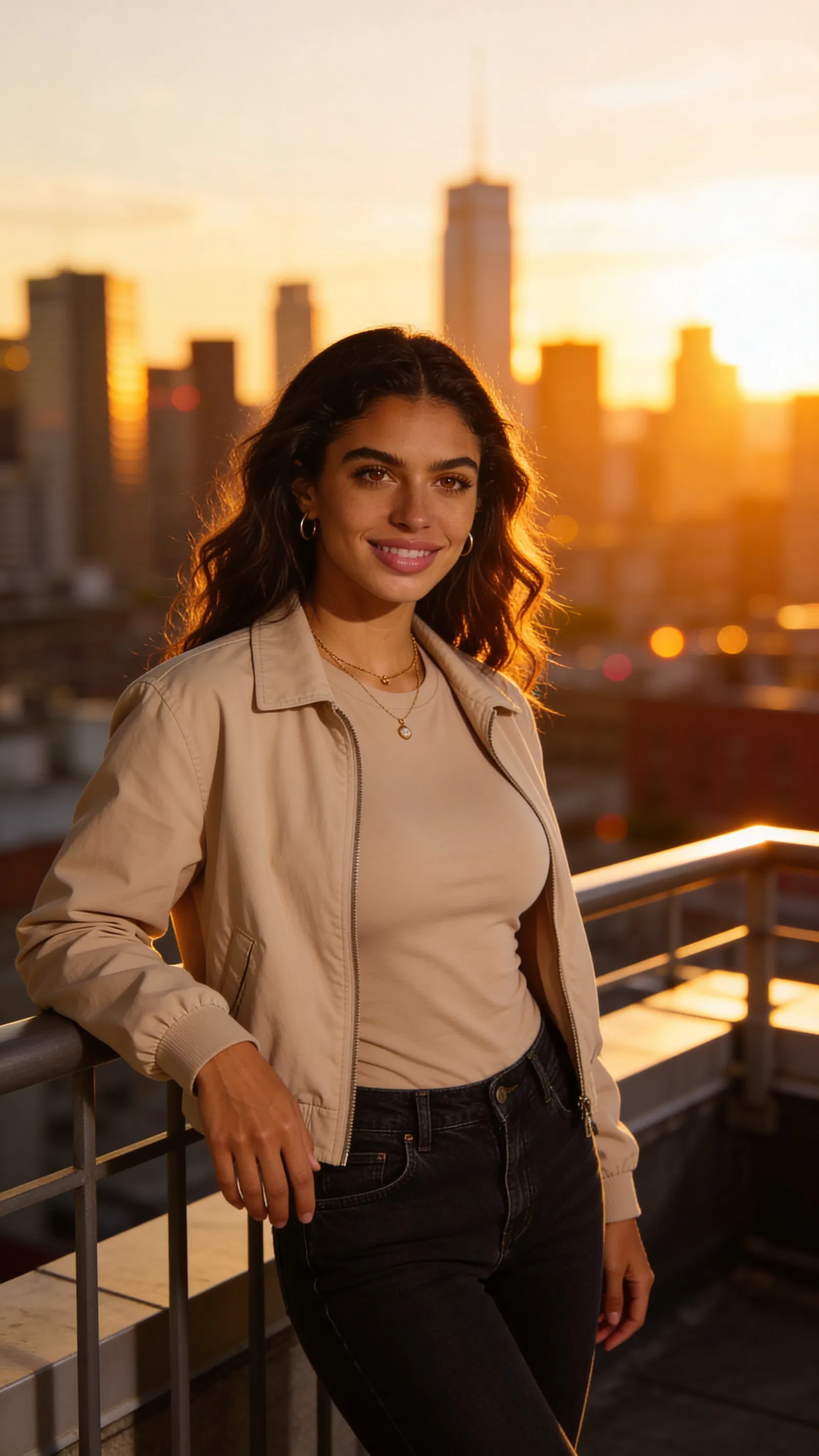 Same character on rooftop at sunset, confident city dating profile portrait