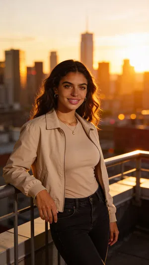 Same character on rooftop at sunset, confident city dating profile portrait