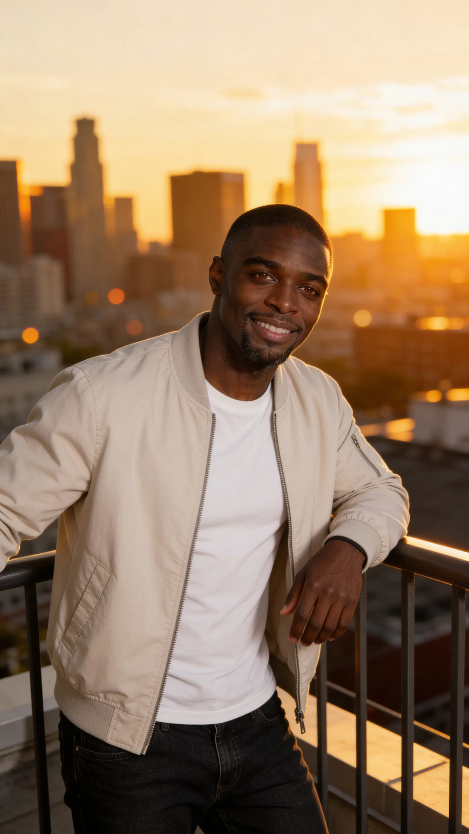 Same character on rooftop at sunset, confident city dating profile portrait