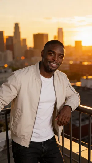 Same character on rooftop at sunset, confident city dating profile portrait
