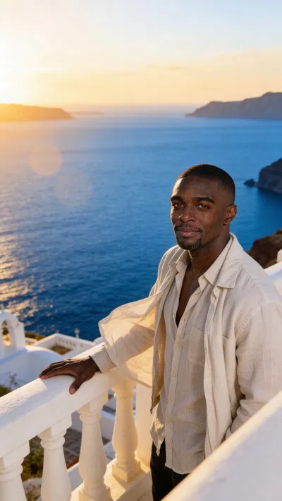 Same character on white balcony by blue sea at golden hour.