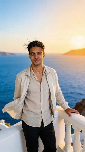 Same character on white balcony by blue sea at golden hour.