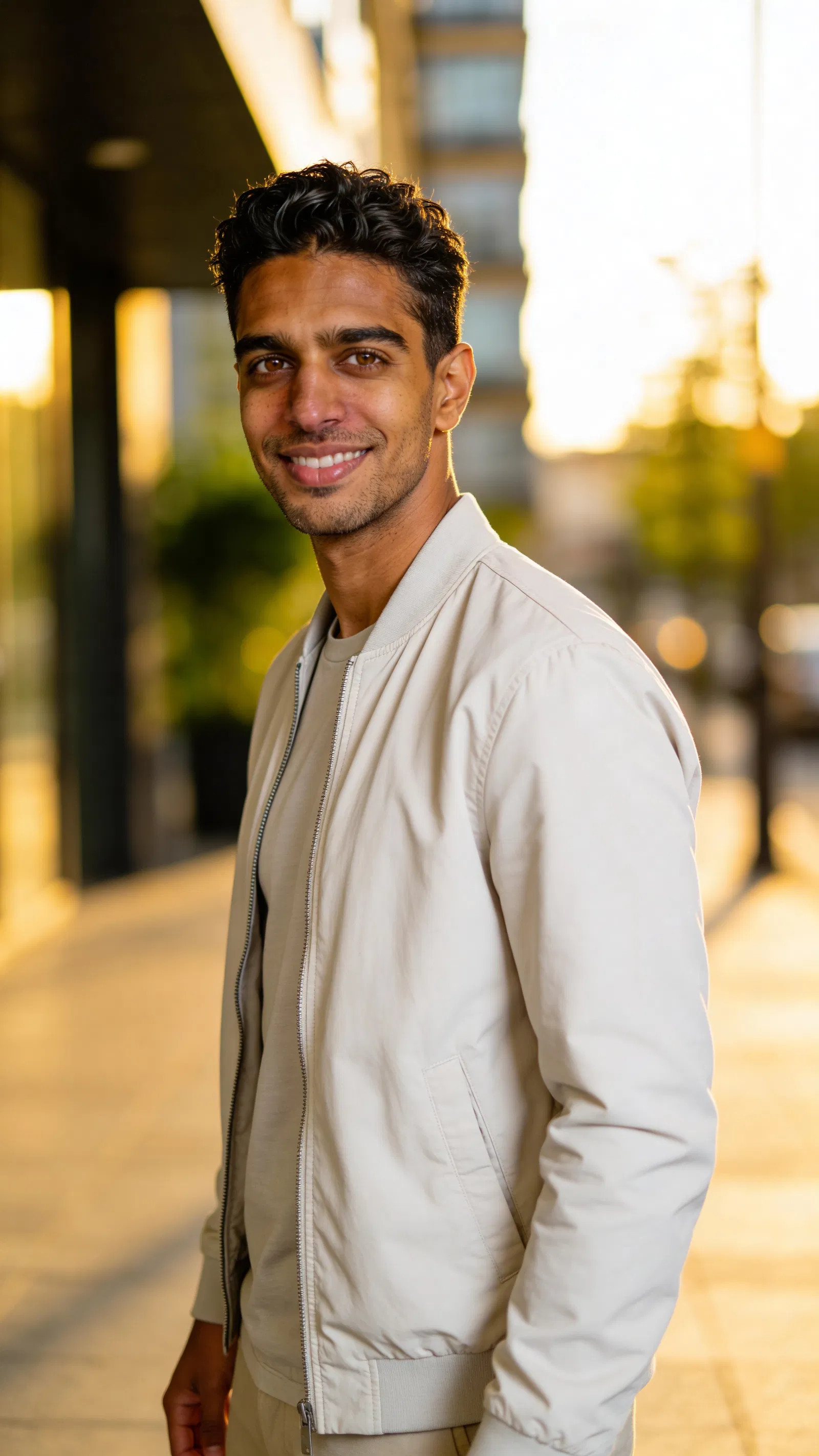 Same character outdoor golden-hour portrait in city setting