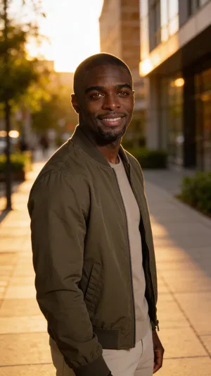 Same character outdoor golden-hour portrait in city setting