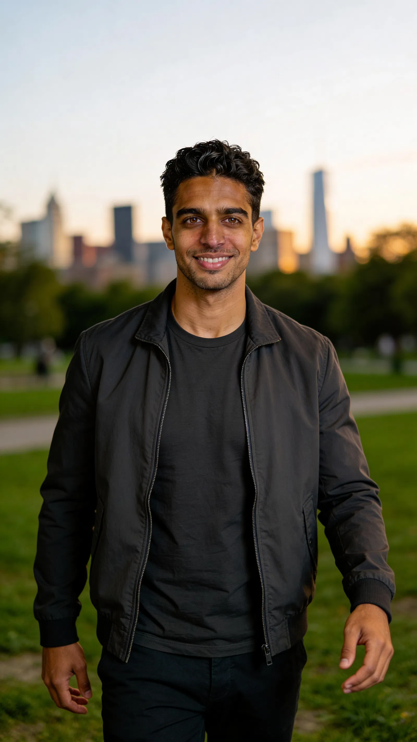 Same character outdoor park portrait with skyline bokeh