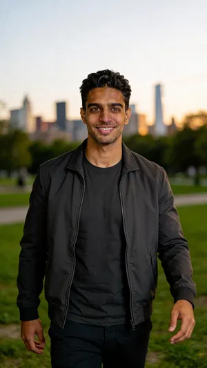 Same character outdoor park portrait with skyline bokeh