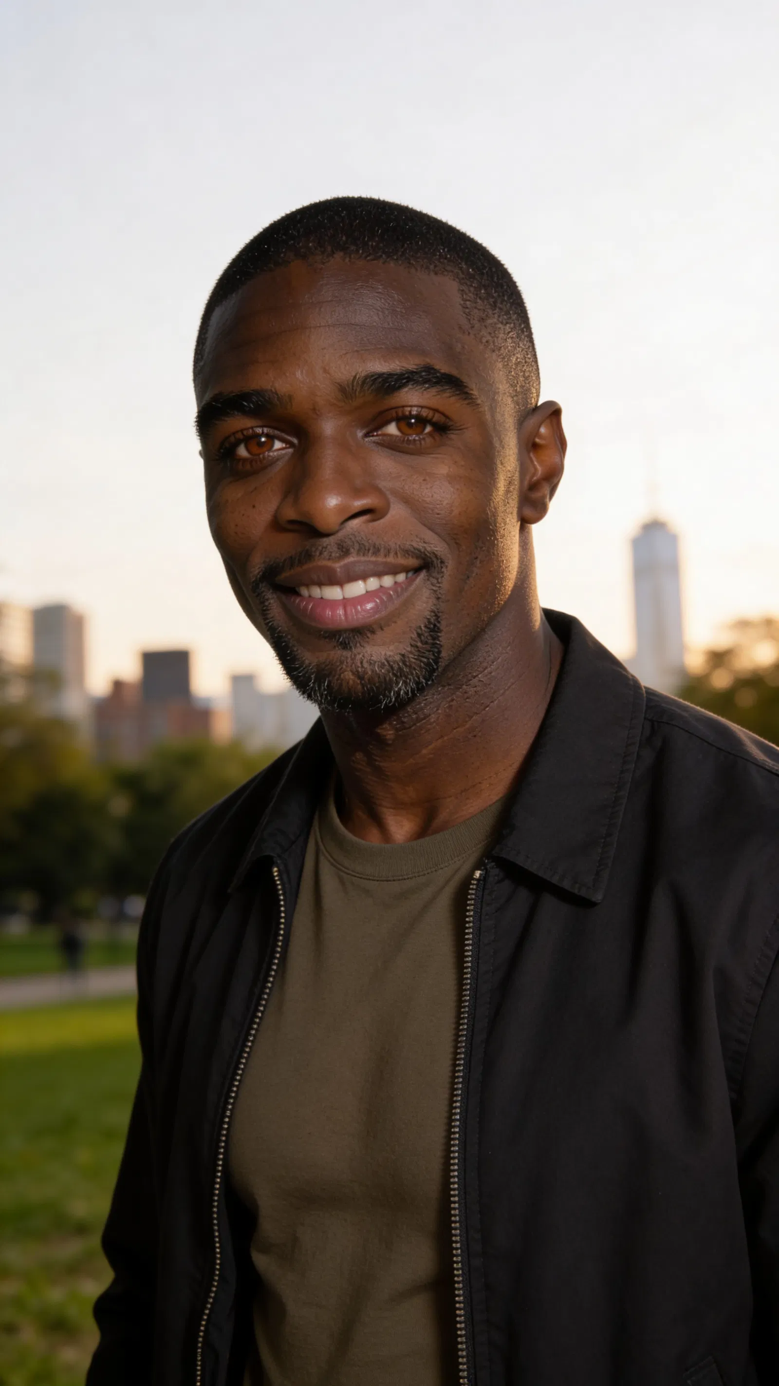 Same character outdoor park portrait with skyline bokeh