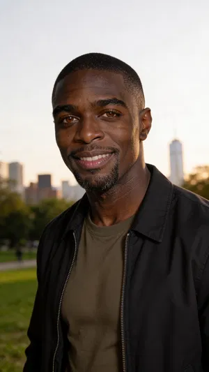 Same character outdoor park portrait with skyline bokeh