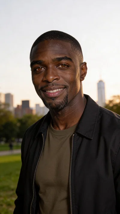 Same character outdoor park portrait with skyline bokeh