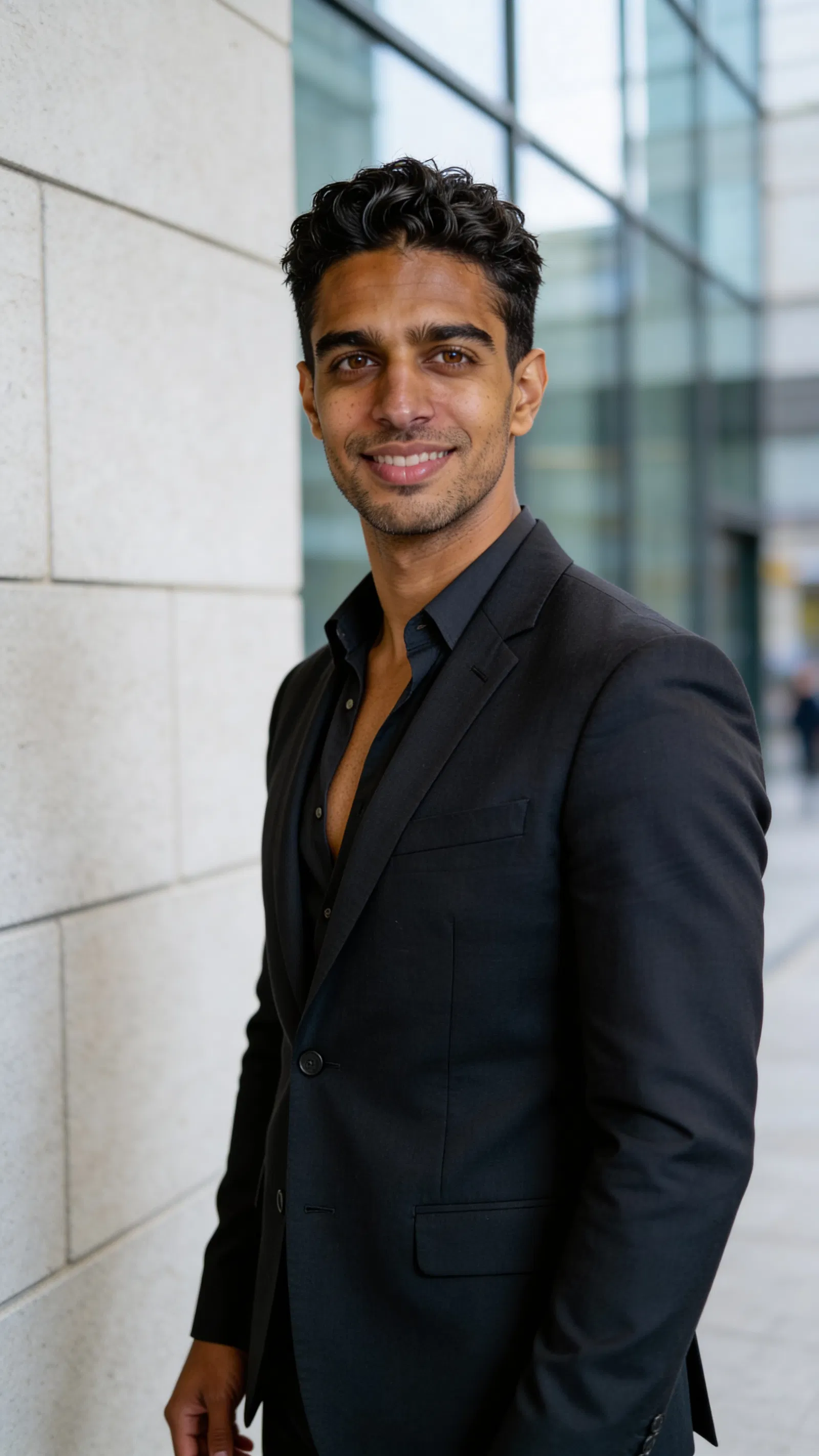 Same character outdoors in business district with three-quarter professional resume photo