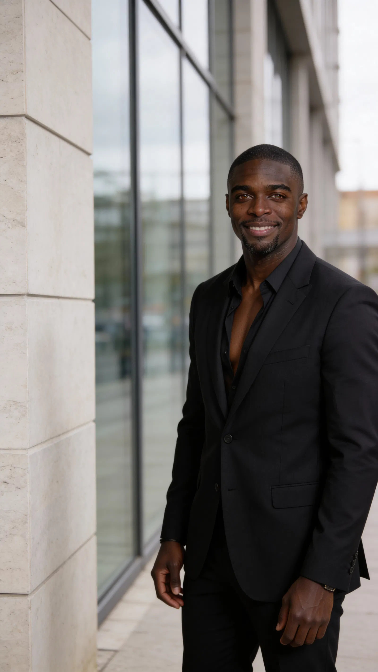 Same character outdoors in business district with three-quarter professional resume photo