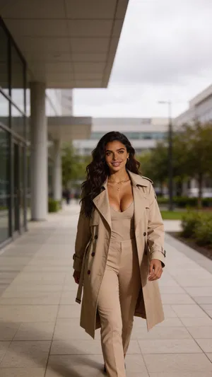 Same character outdoors in business park, natural half-body professional portrait