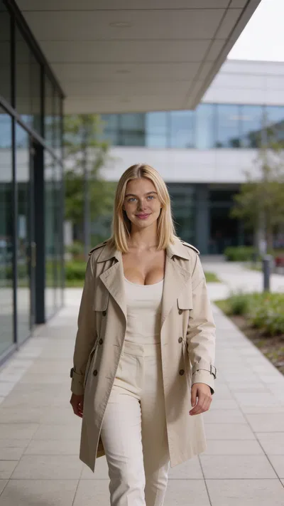 Same character outdoors in business park, natural half-body professional portrait