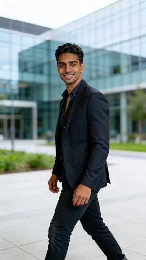 Same character outdoors near office building for fresh corporate portrait