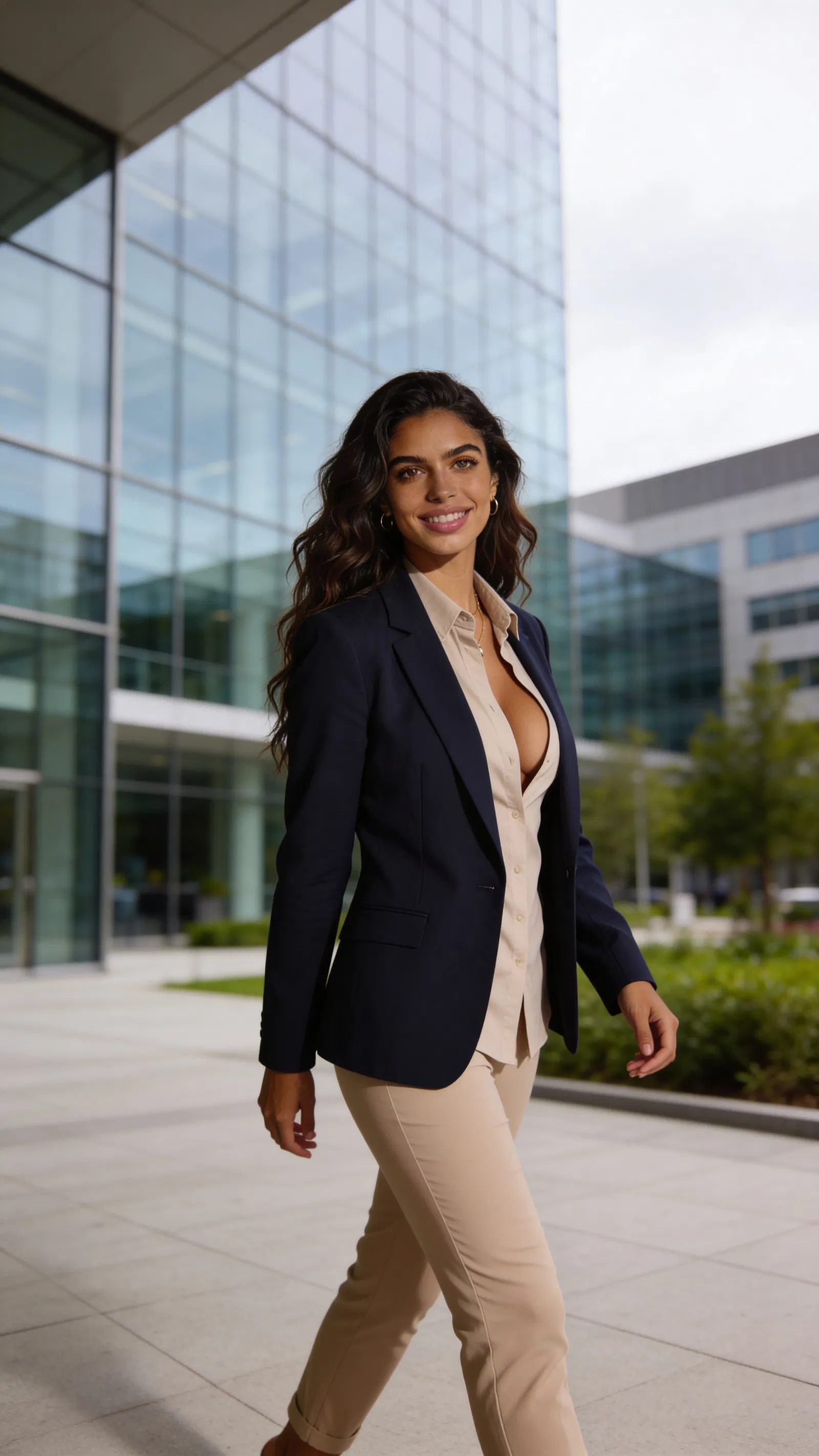 Same character outdoors near office building for fresh corporate portrait