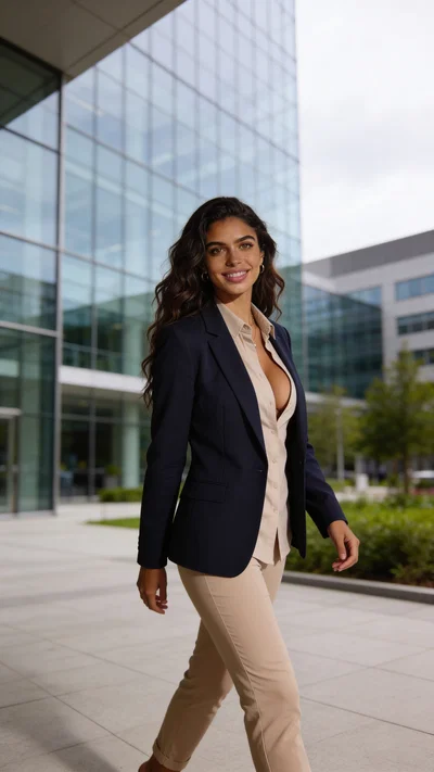 Same character outdoors near office building for fresh corporate portrait