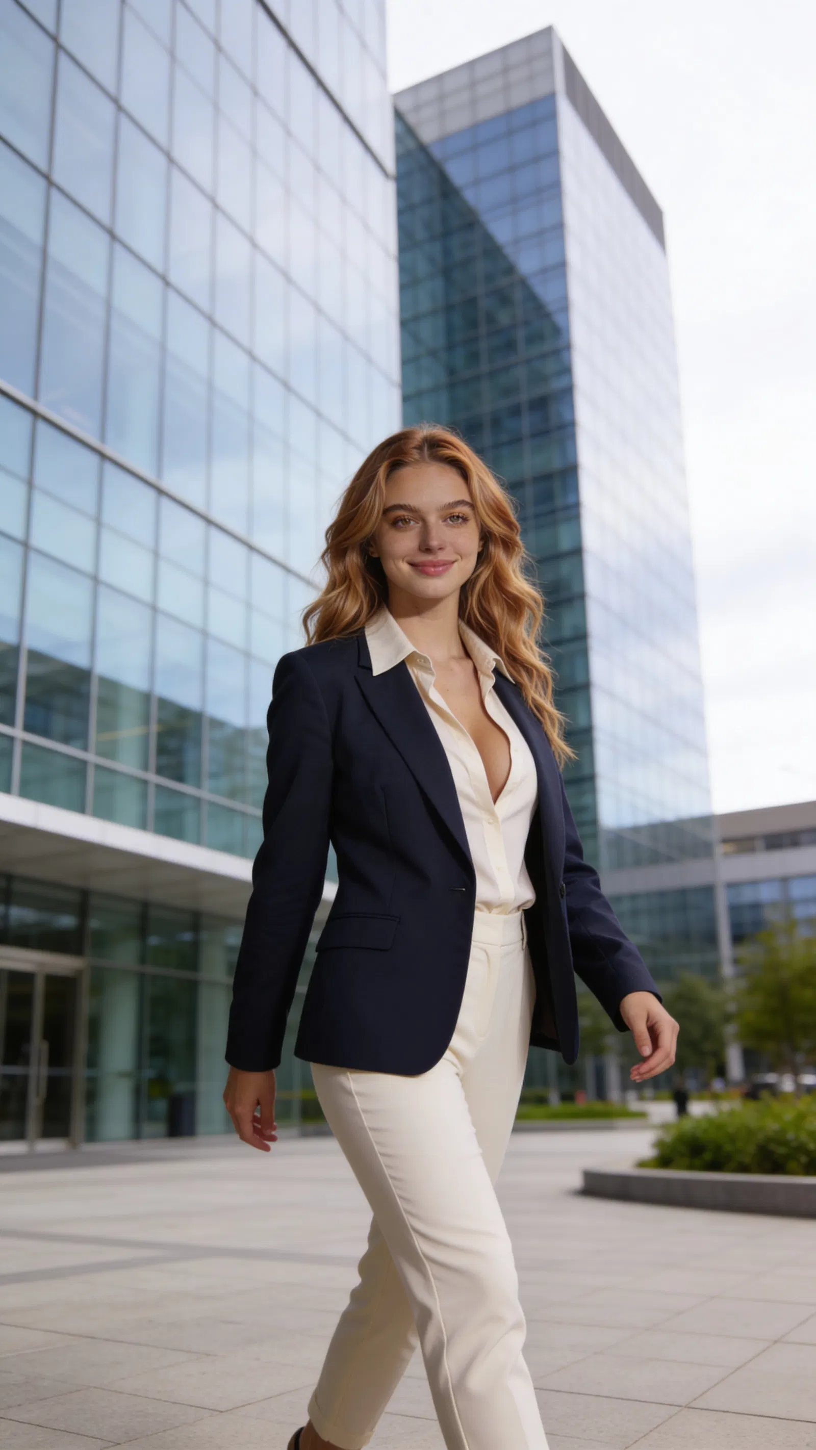 Same character outdoors near office building for fresh corporate portrait