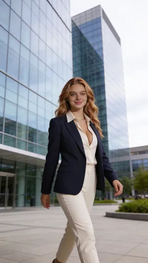 Same character outdoors near office building for fresh corporate portrait