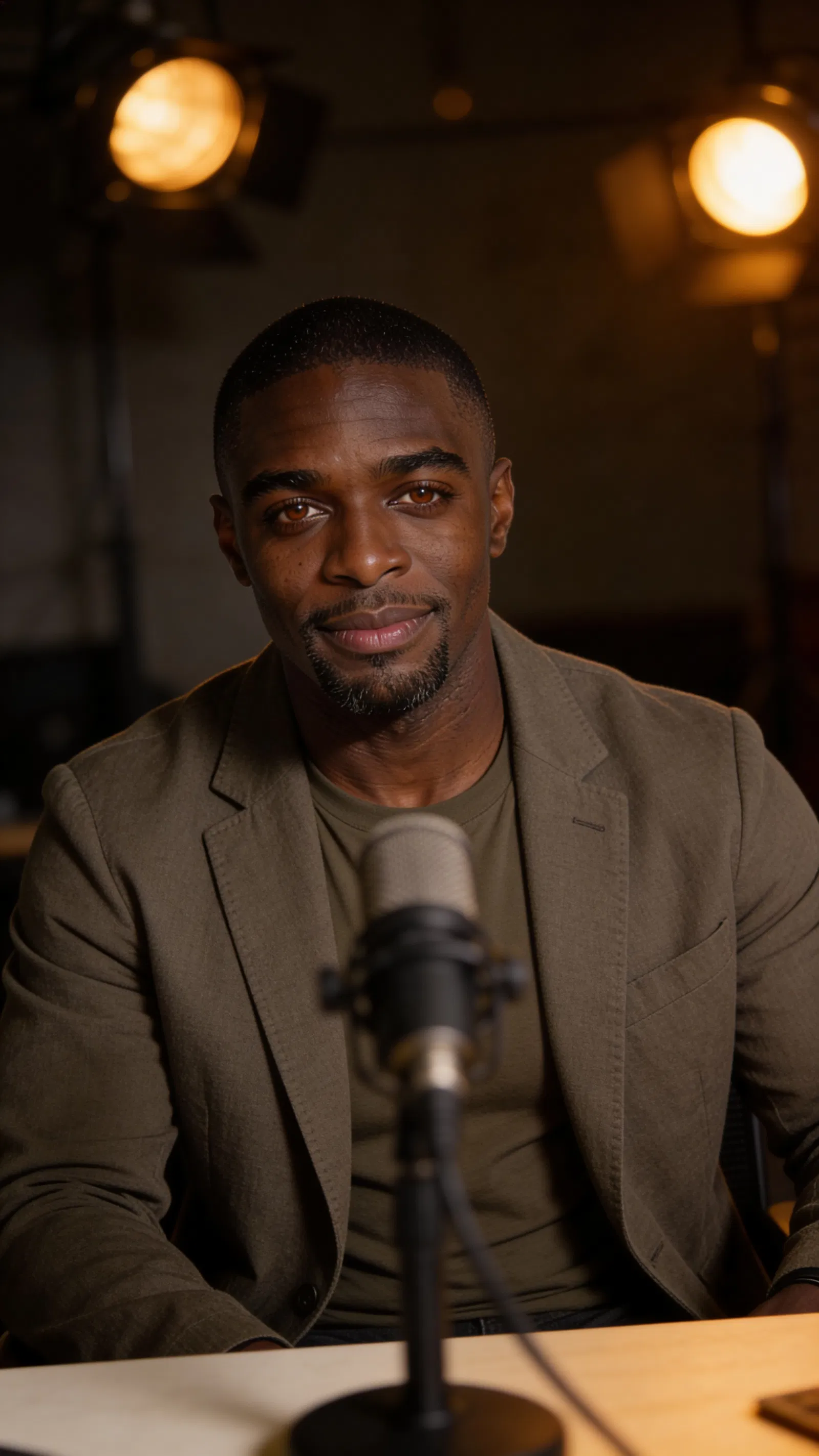 Same character podcast promo portrait with cinematic warm lighting