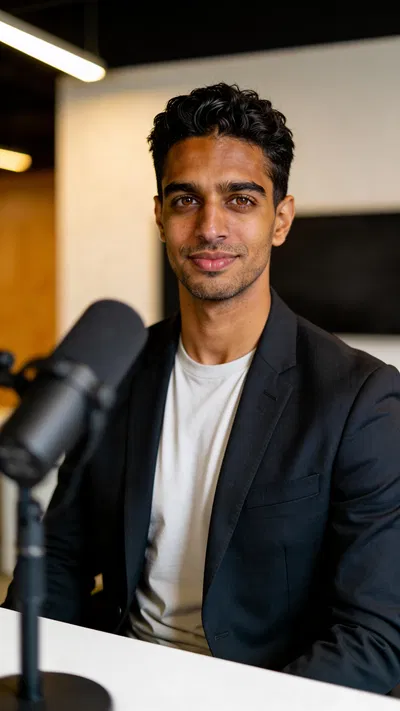 Same character podcast promo portrait with cinematic warm lighting