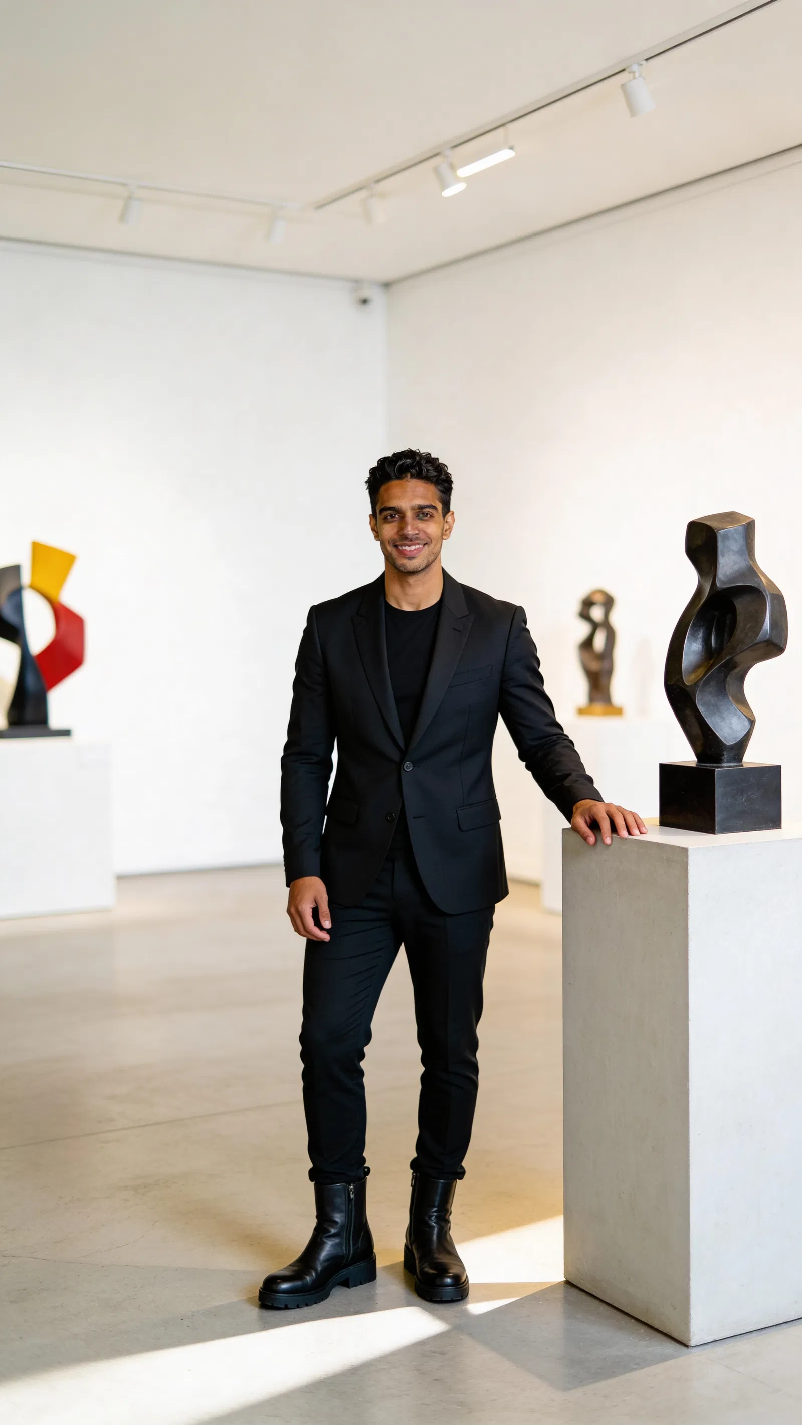 Same character posed in art gallery for clean editorial portrait