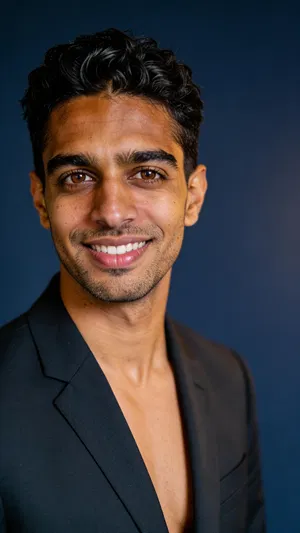 Same character premium dark studio headshot with rim light