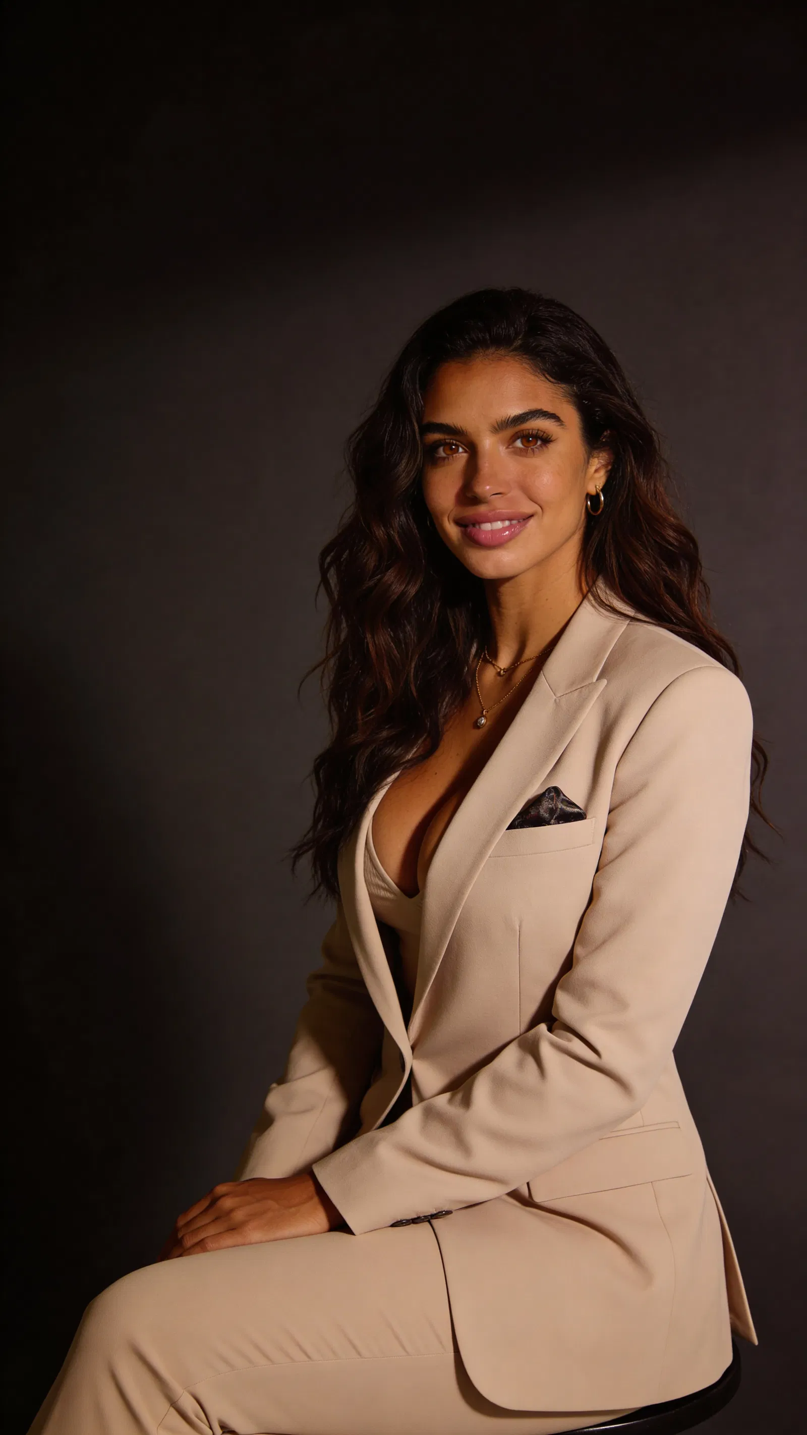 Same character premium executive studio portrait with dark charcoal background