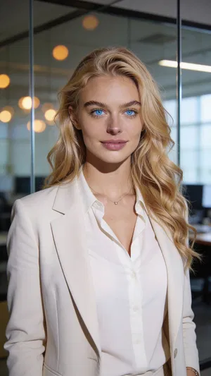 Same character professional portrait in coworking space with warm bokeh lights