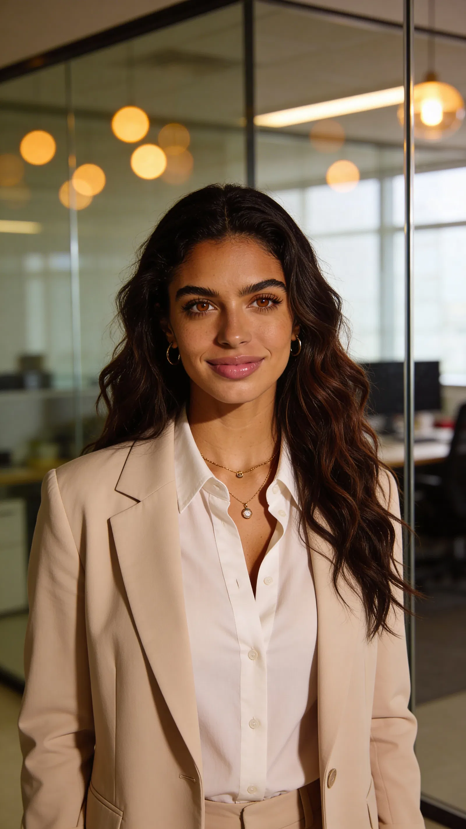 Same character professional portrait in coworking space with warm bokeh lights