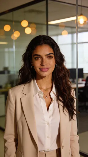 Same character professional portrait in coworking space with warm bokeh lights