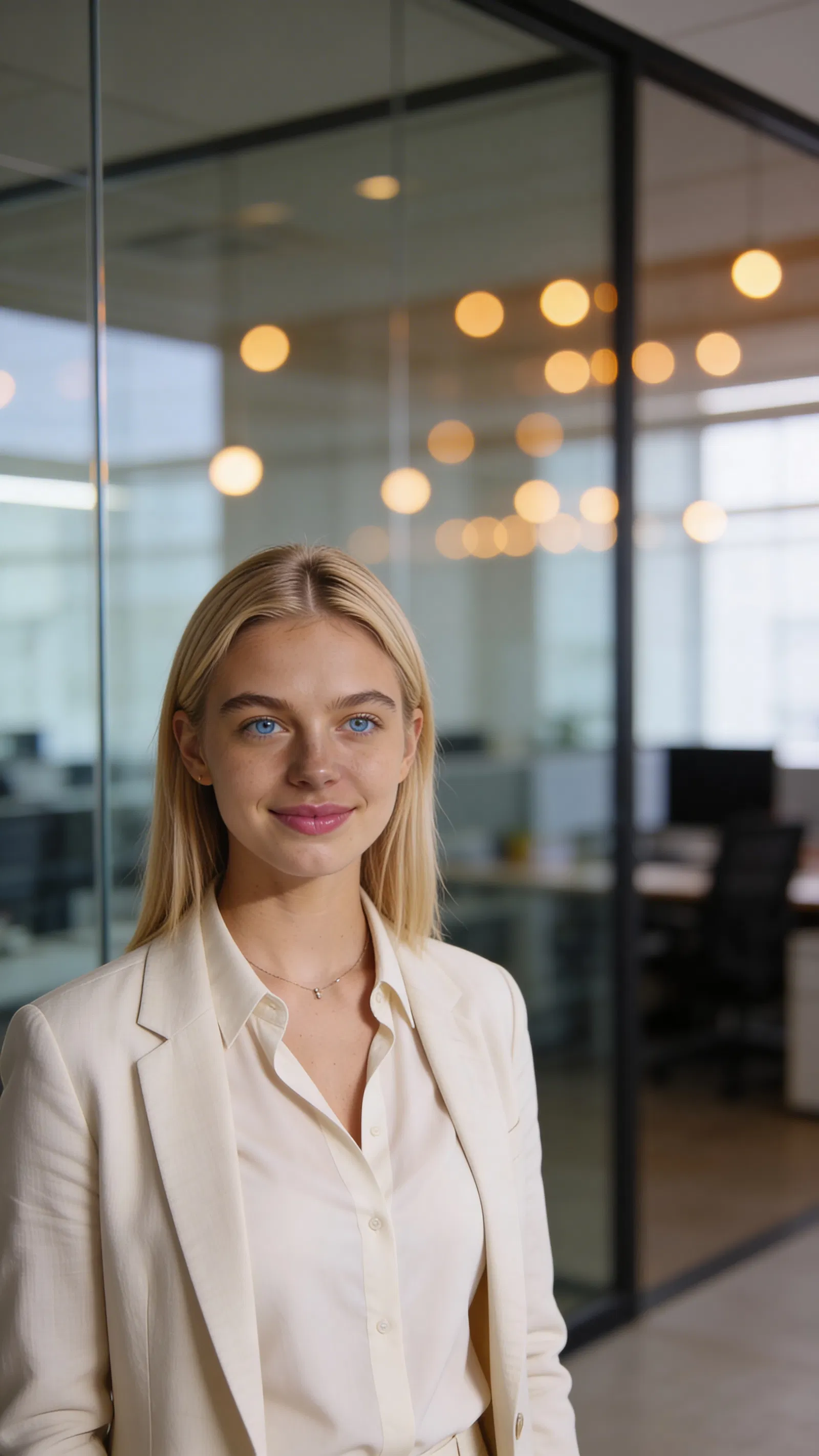 Same character professional portrait in coworking space with warm bokeh lights