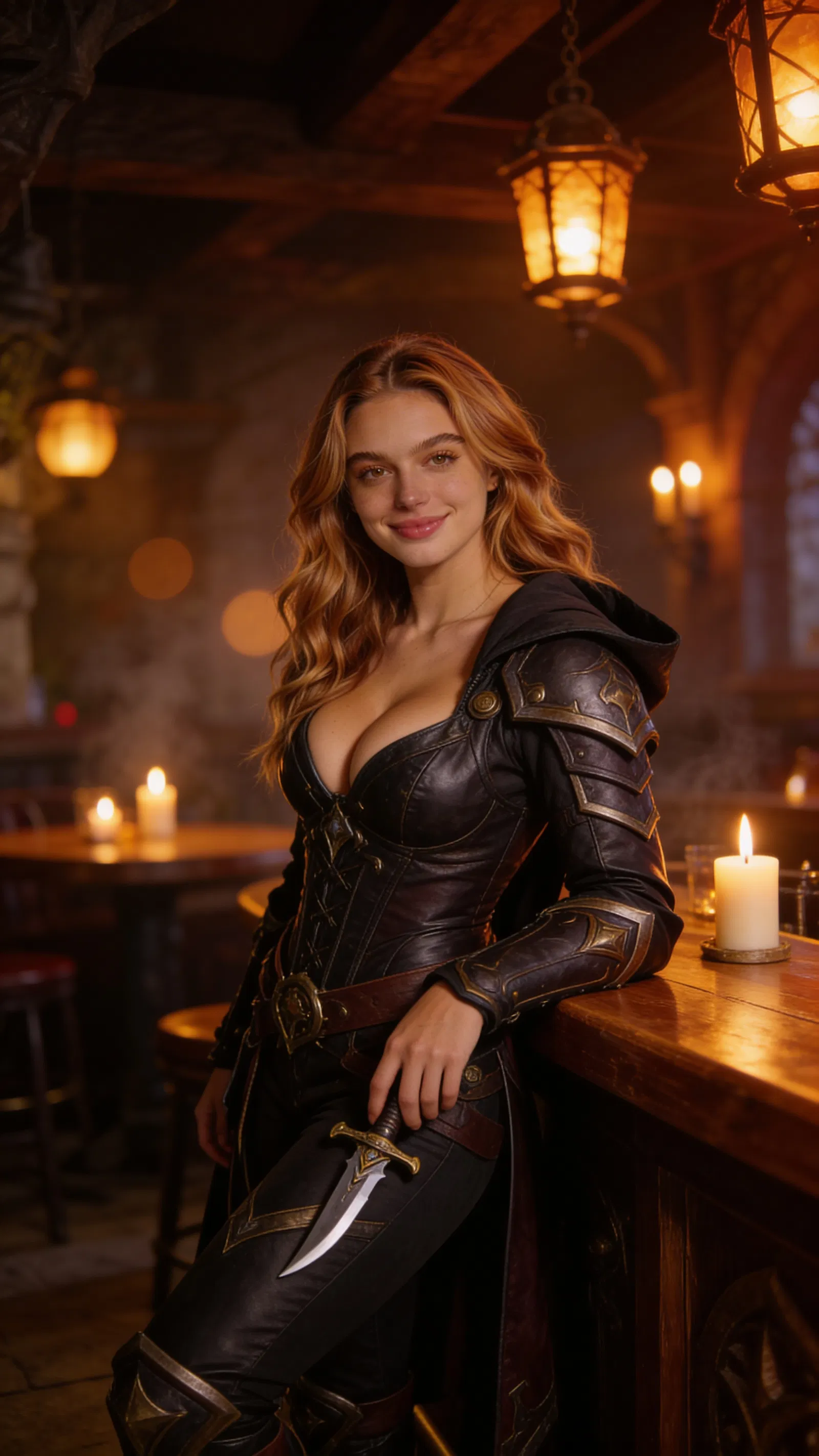 Same character rogue cosplay in tavern, half-body cinematic portrait