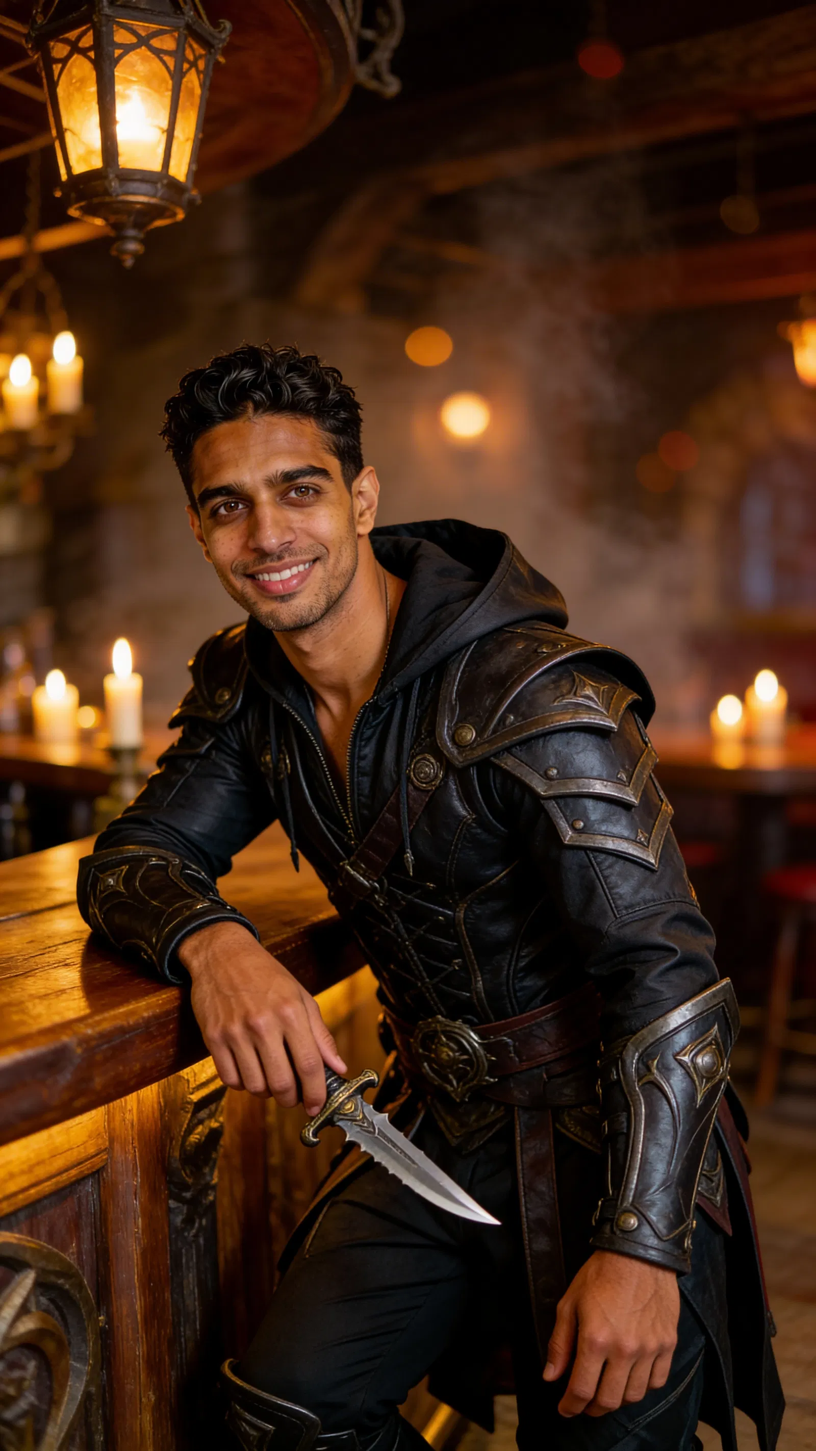 Same character rogue cosplay in tavern, half-body cinematic portrait