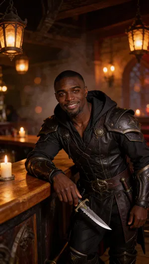 Same character rogue cosplay in tavern, half-body cinematic portrait