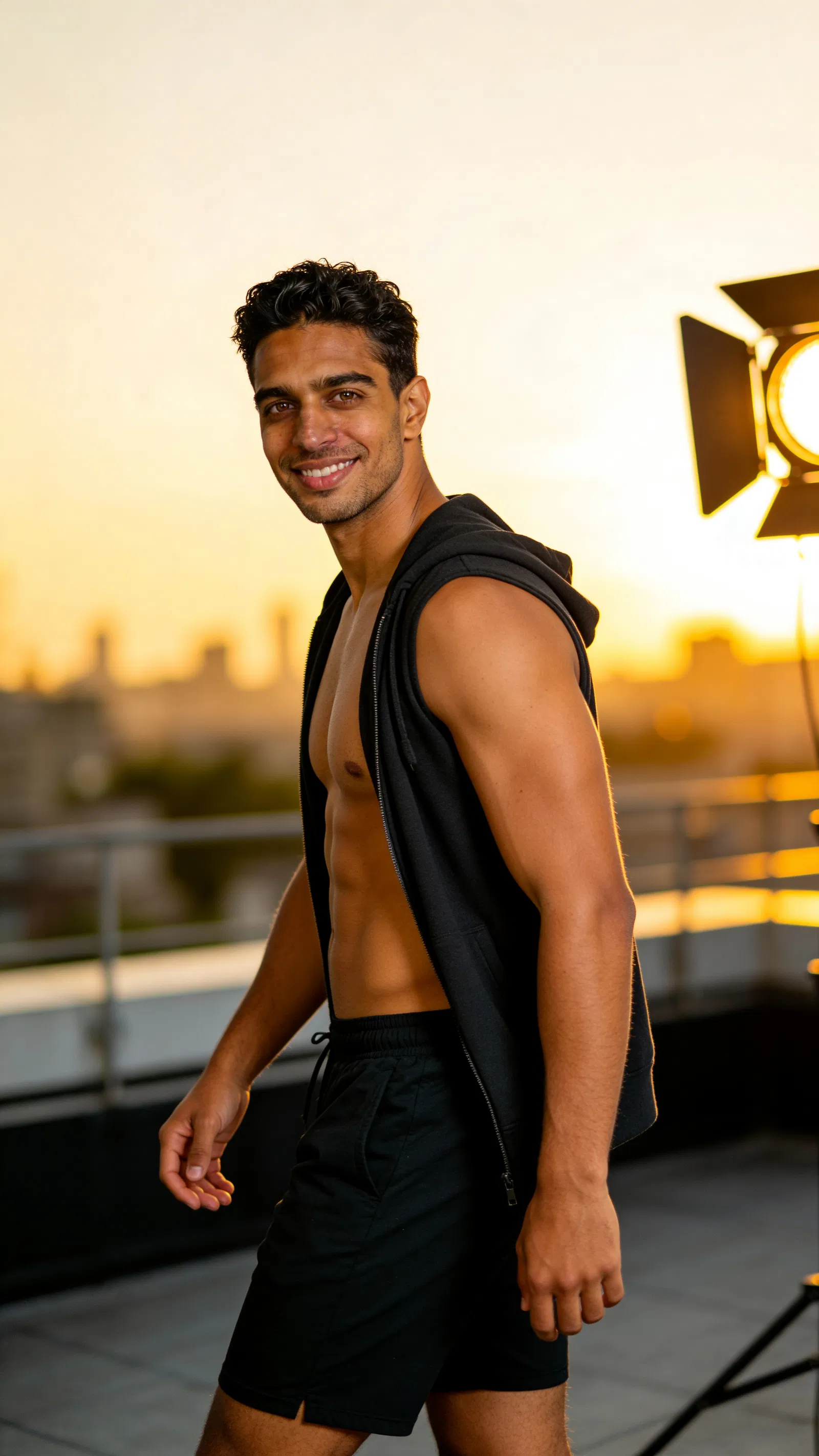 Same character rooftop golden-hour 3/4 body portrait highlighting V-taper