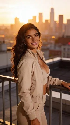 Same character rooftop sunrise portrait for fitness branding photos