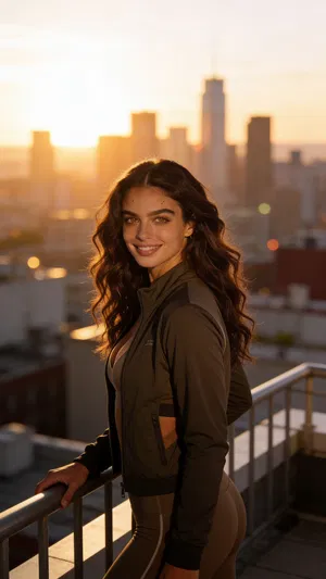 Same character rooftop sunrise portrait for fitness branding photos