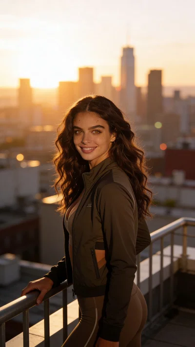 Same character rooftop sunrise portrait for fitness branding photos