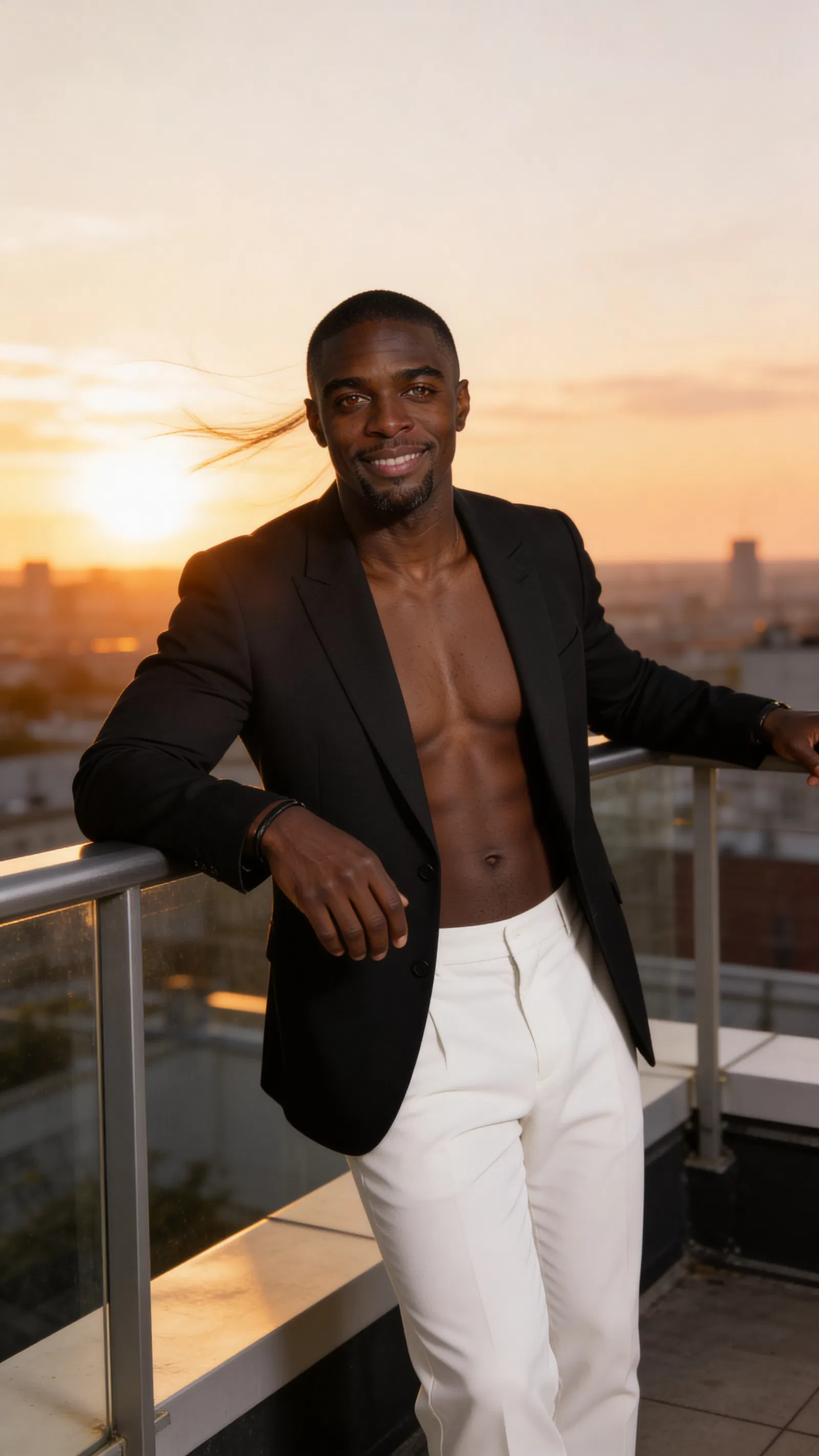 Same character rooftop sunset full-body portrait leaning on railing