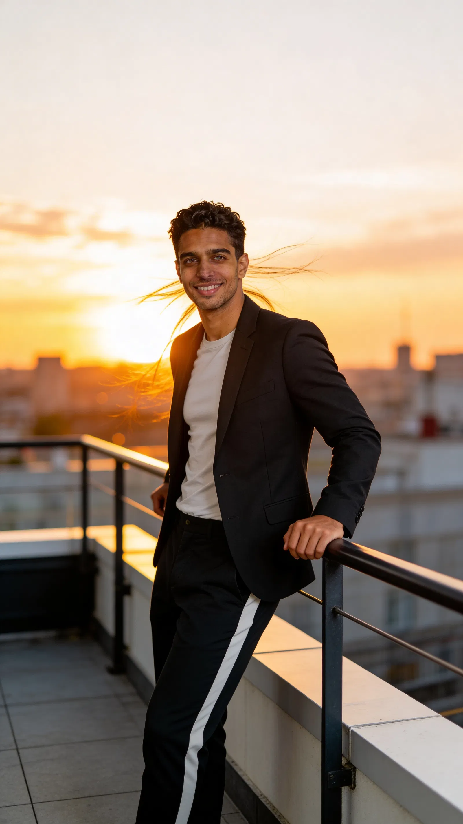 Same character rooftop sunset full-body portrait leaning on railing