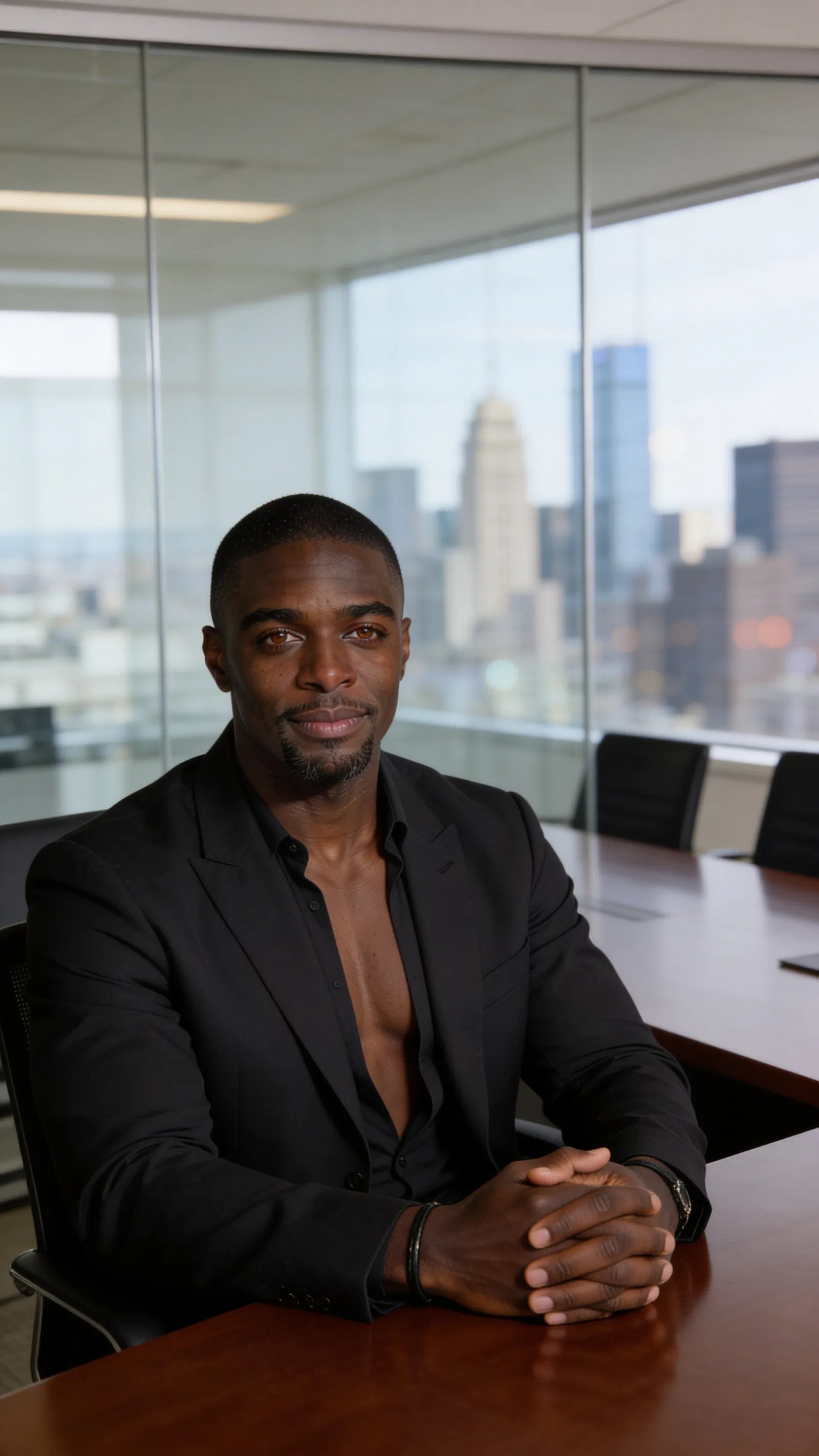 Same character seated in boardroom portrait with calm leadership vibe